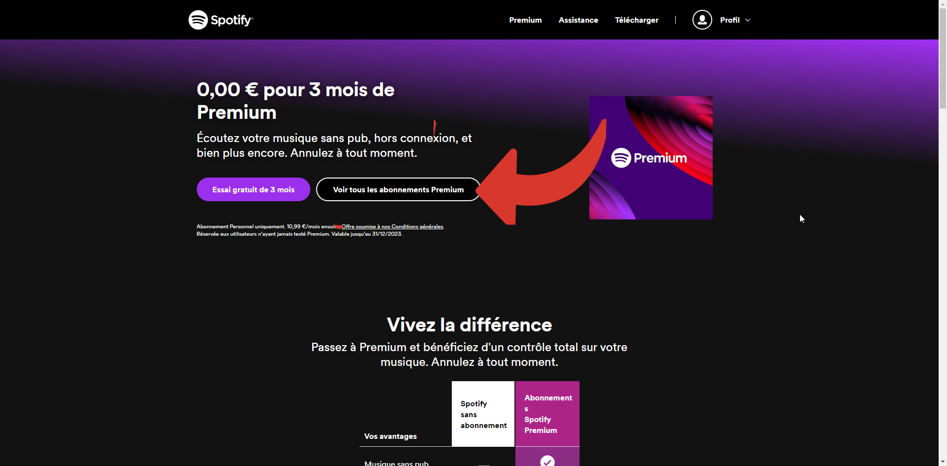 Page d'abonnement à un abonnement premium Spotify