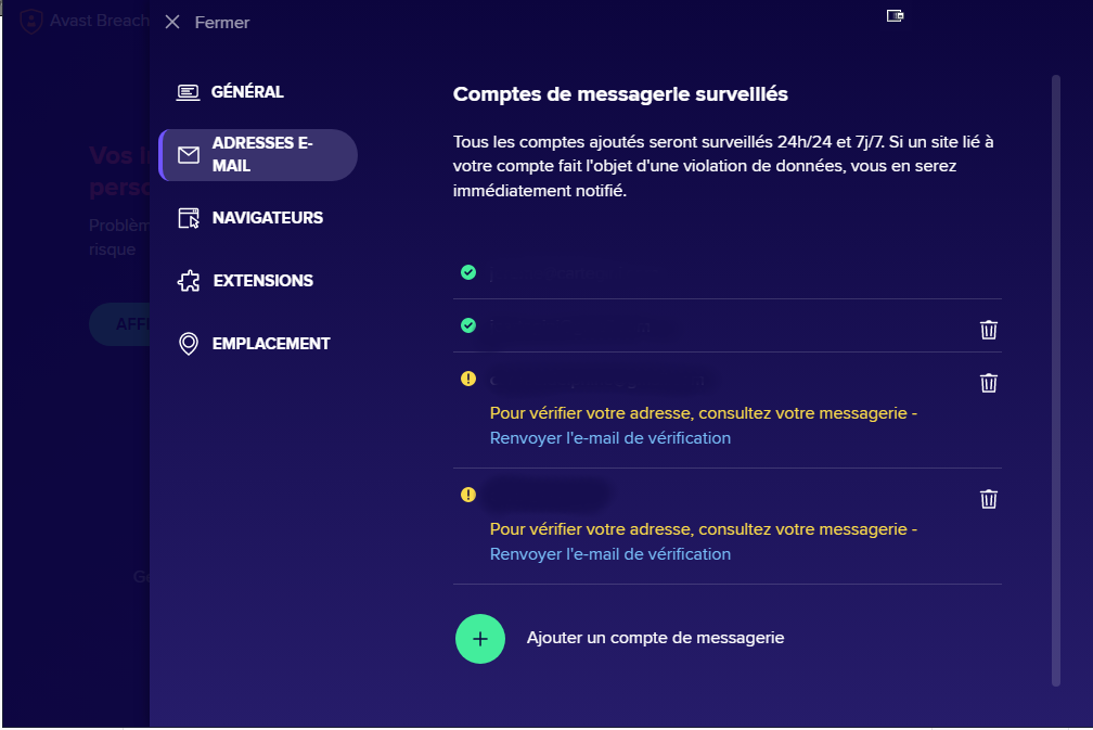 Avast BreachGuard - La liste des comptes e-mails surveillés