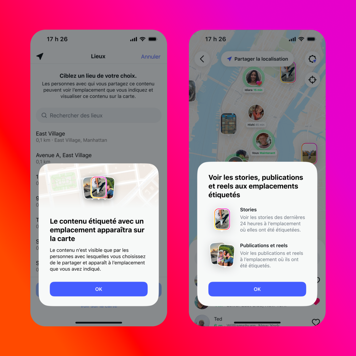 Instagram propose un rappel dès lors qu'un utilisateur souhaite partager sa localisation dans une publication. © Meta