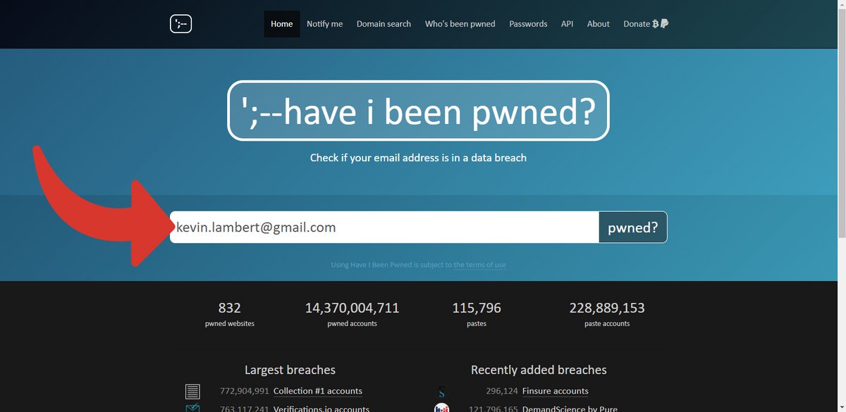 Saisie de l'adresse à vérifier dans Have I Been Pwned