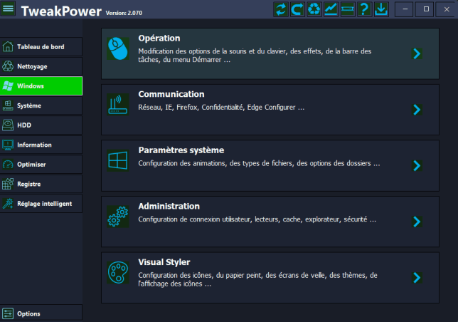 Menu principal de l'utilitaire affichant les catégories Windows, Système, HDD et autres options de personnalisation et d’administration. - © TweakPower