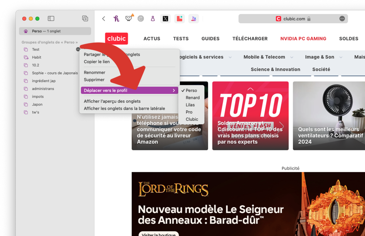 Déplacer un groupe d'onglets vers un autre profil Safari sur Mac © Clubic