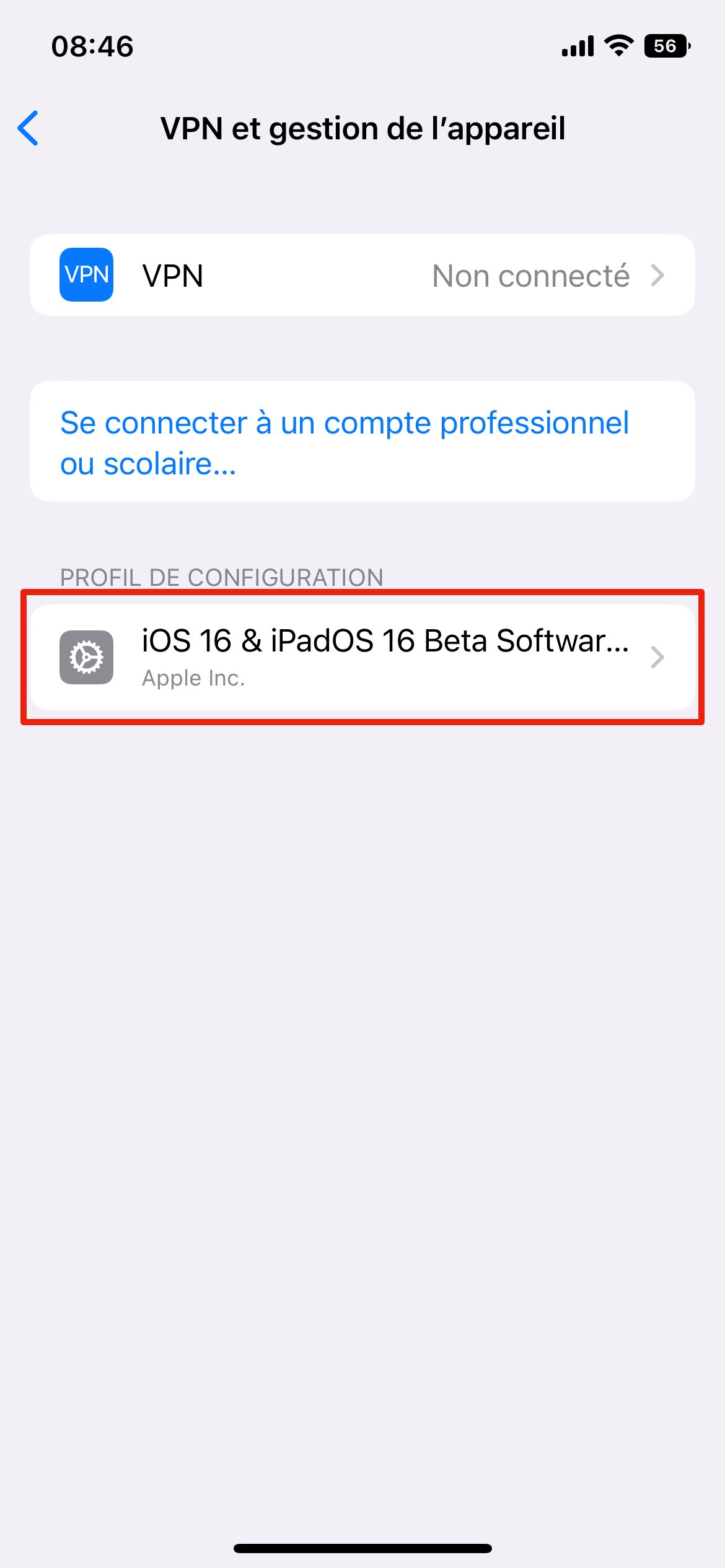Supprimer Profil Beta iOS 16