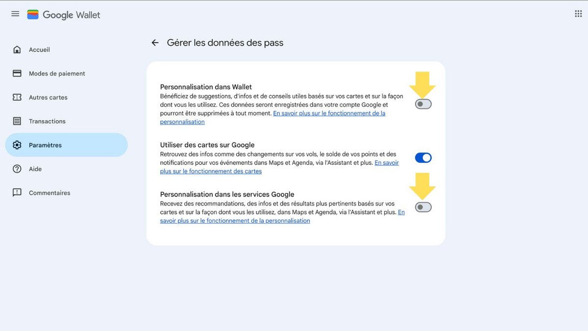 Désactivez la personnalisation Wallet. ©Google