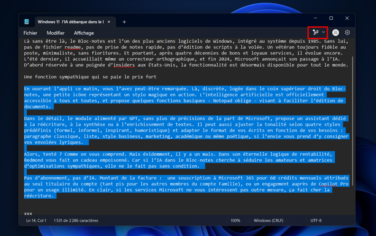 Repérez l'icône de l'assistant d'écriture dans le Bloc-notes © Clubic