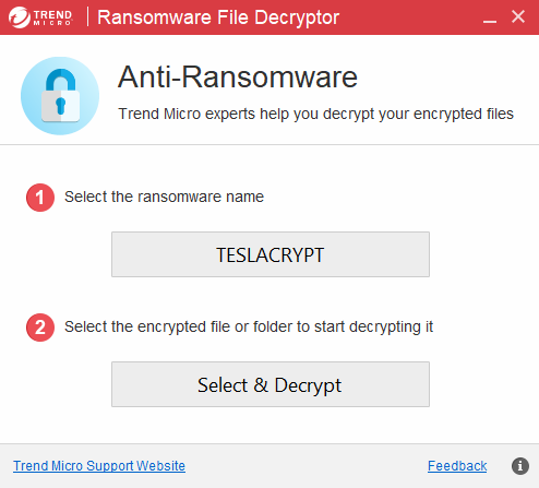 Interface de TrendMicro Ransomware File Decryptor