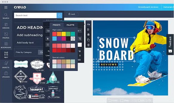 Interface de personnalisation avec réglage des couleurs, du texte et des éléments graphiques autour d’un thème sportif. © Crello