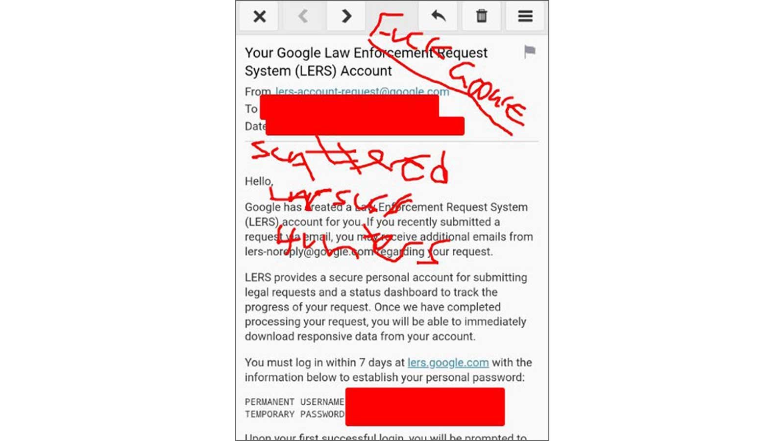Capture d'écran de la confirmation de création du compte LERS géré par les Scattered Lapsus$ Hunters. © BleepingComputer