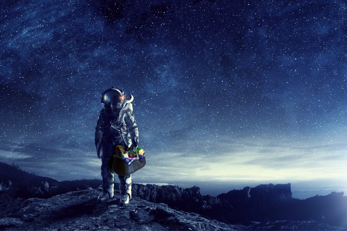 Illustration d'un astronaute sur Mars avec un panier de nourriture. ©Deep Space Food / NASA