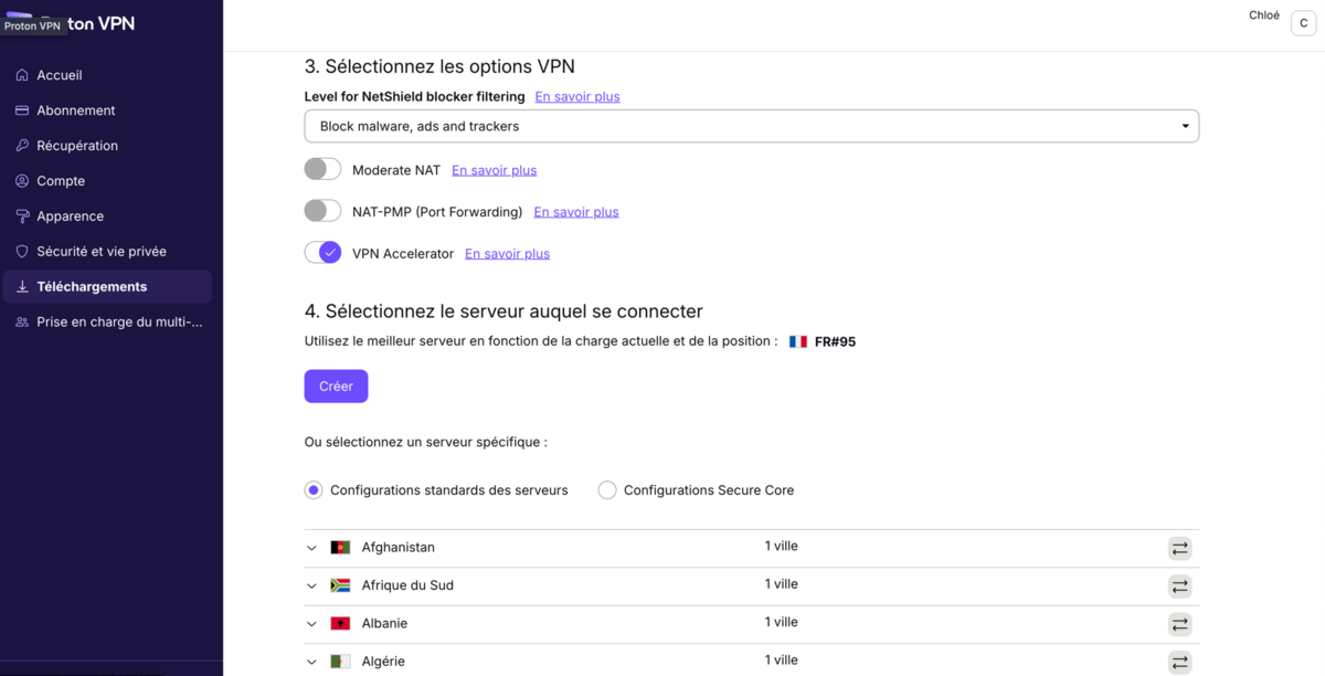 Proton VPN - Editez et téléchargez des fichiers de configuration pour une box ou un routeur. © Clubic