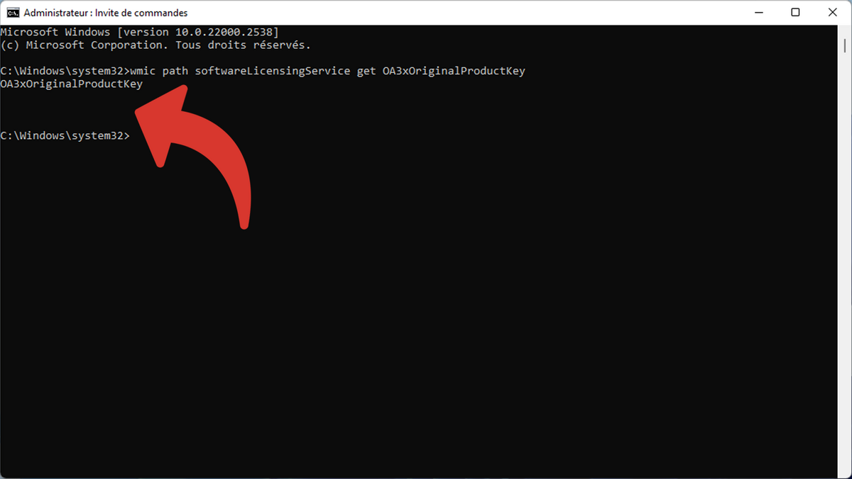 Résultat de la ligne de commande pour afficher la clé Windows