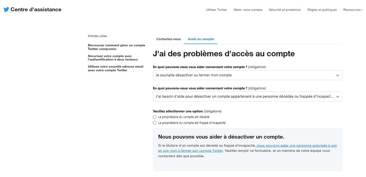 Page permettant d'accéder à la demande de désactivation du compte d'une personne décédée (© Capture d'écran Clubic)