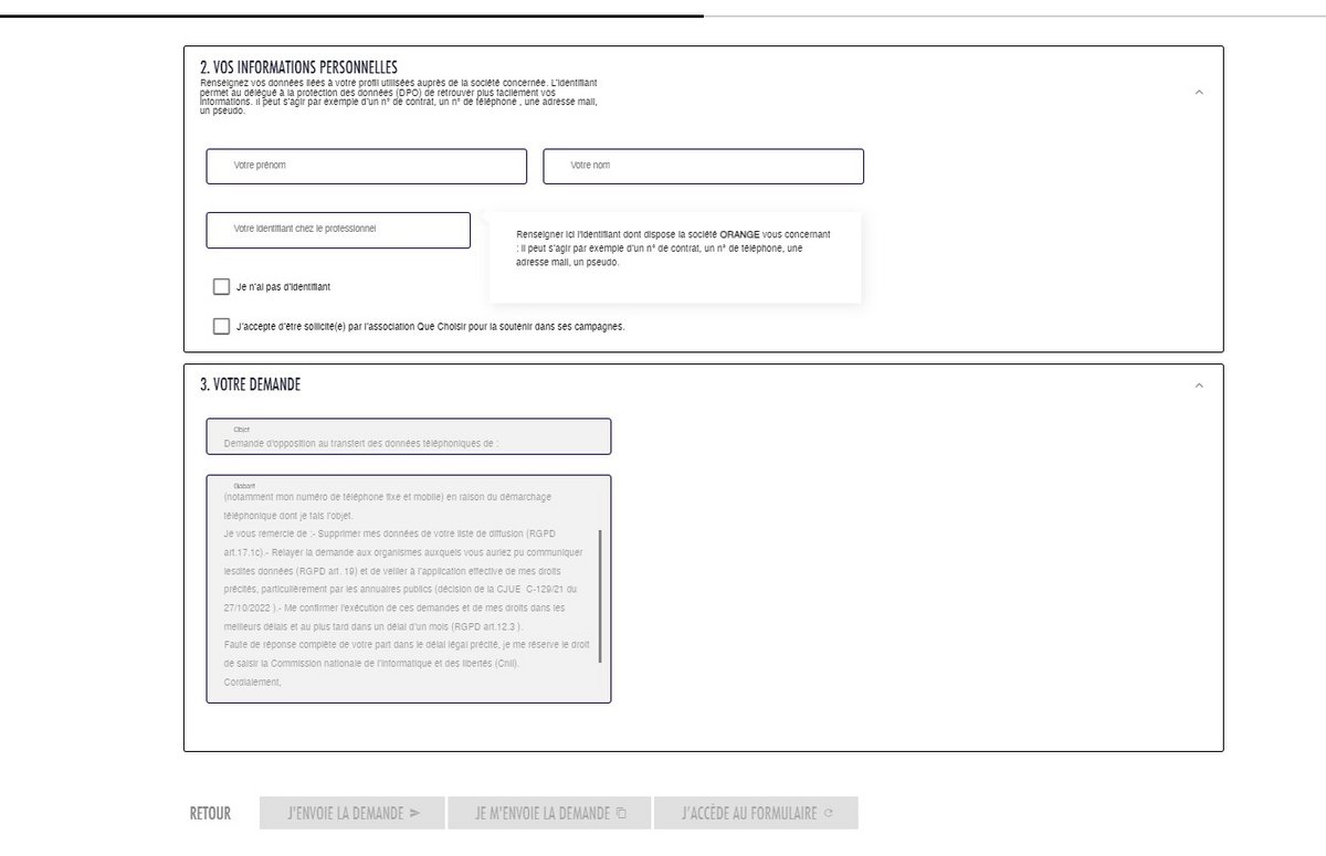 Les deuxième et troisième étape sur respectemesdatas.fr © Capture d'écran Clubic