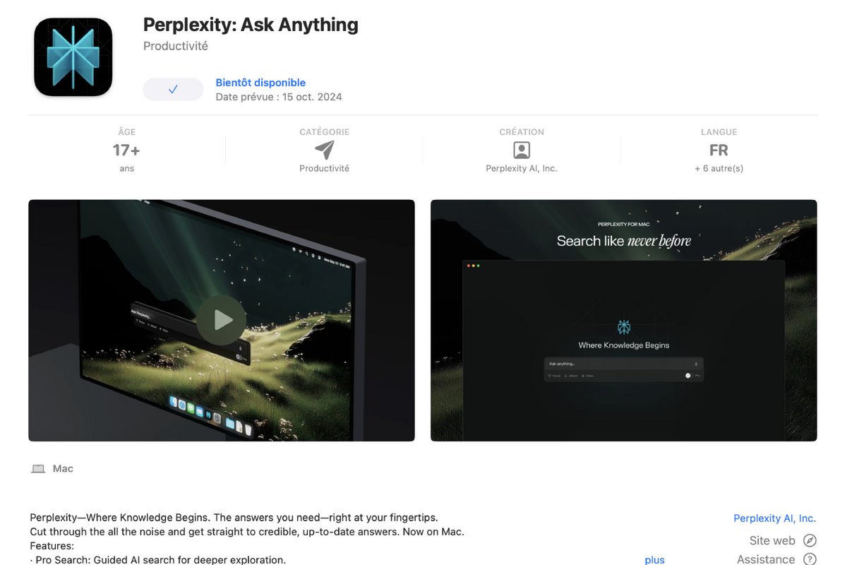 Perplexity AI sur l'App Store de macOS. © Capture d'écran Clubic