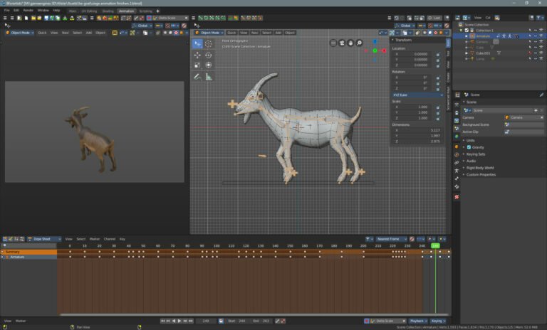Animation d'une chèvre avec chronologie et aperçu en temps réel dans BForArtists. © BForArtists