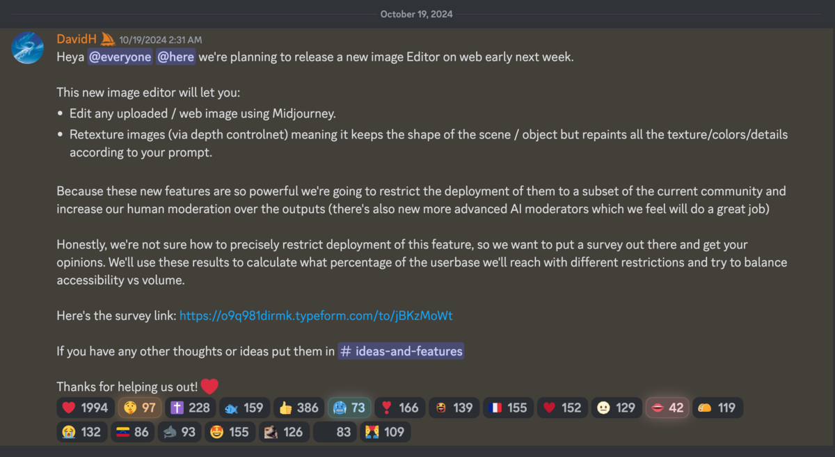 Annonce de Midjourney sur leur serveur Discord. © Midjourney/Discord