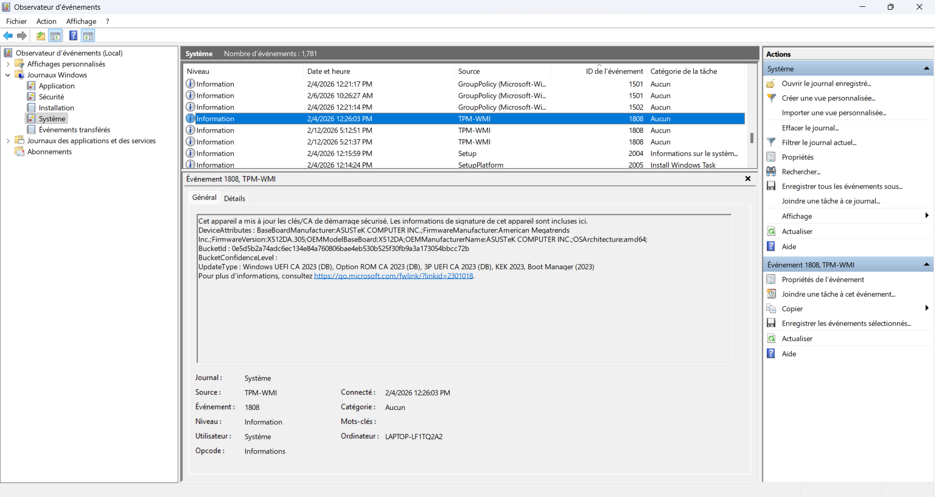 Lorsque les nouveau certificats Secure Boot auront été installés, l'Observateur d'événements troquera l'Event ID 1801 contre l'Event ID 1808. © Clubic