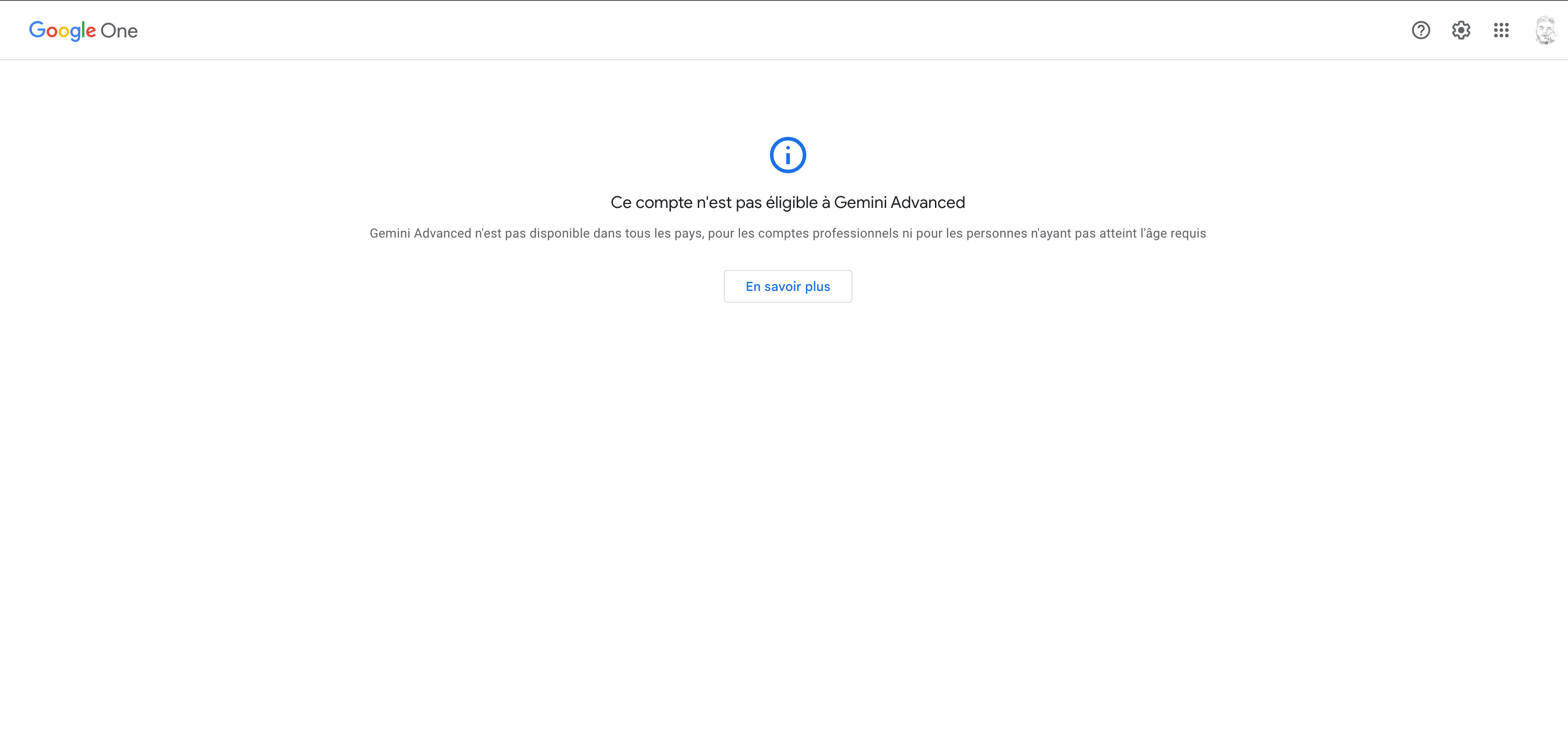 Les utilisateurs français seront accueillis par ce message s'ils essayent de se rendre sur la page d'achat de Gemini Advanced. © Clubic