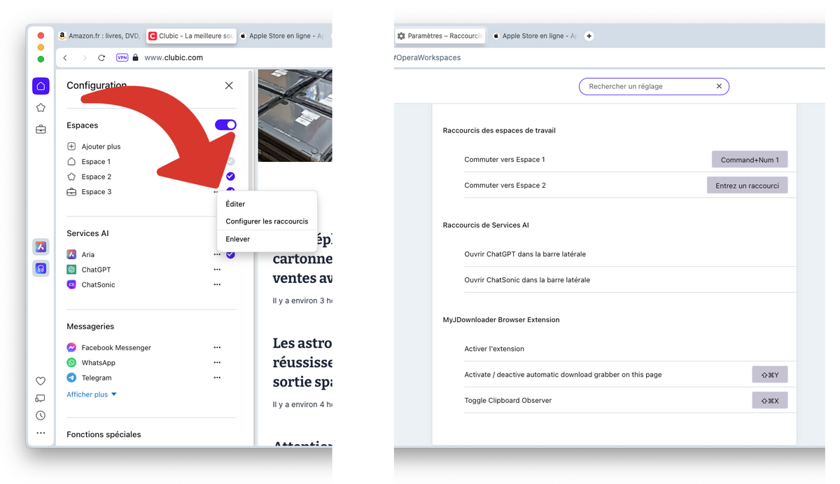 Accéder à plus d'options pour un espace dont les raccourcis pour s'y rendre rapidement © Clubic