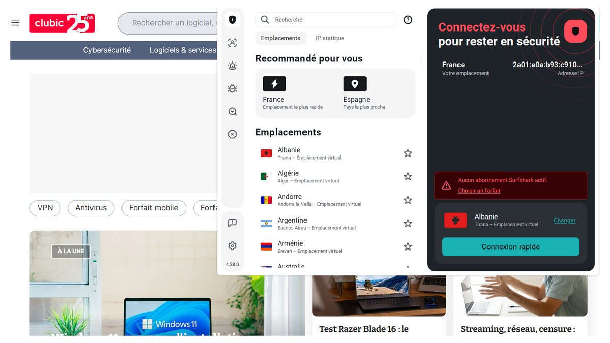 L'extension Surfshark pour navigateur adopte une interface radicalement différente de l'expérience Desktop. © Clubic