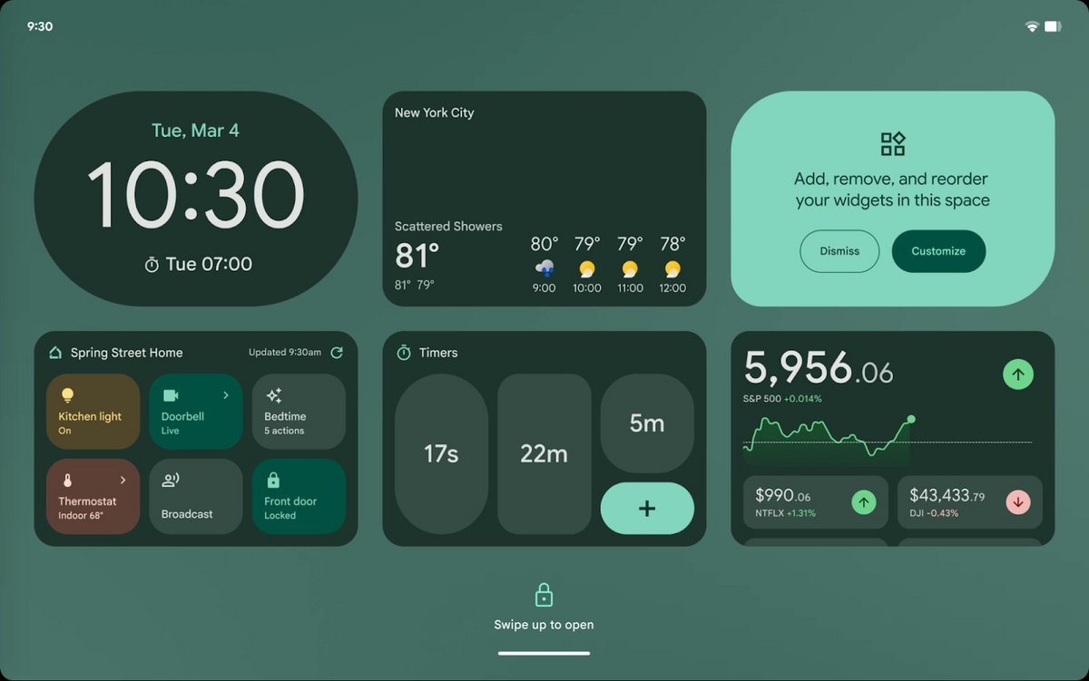 Les widgets pour écran de verrouillage sur les tablettes Android 15. © Google