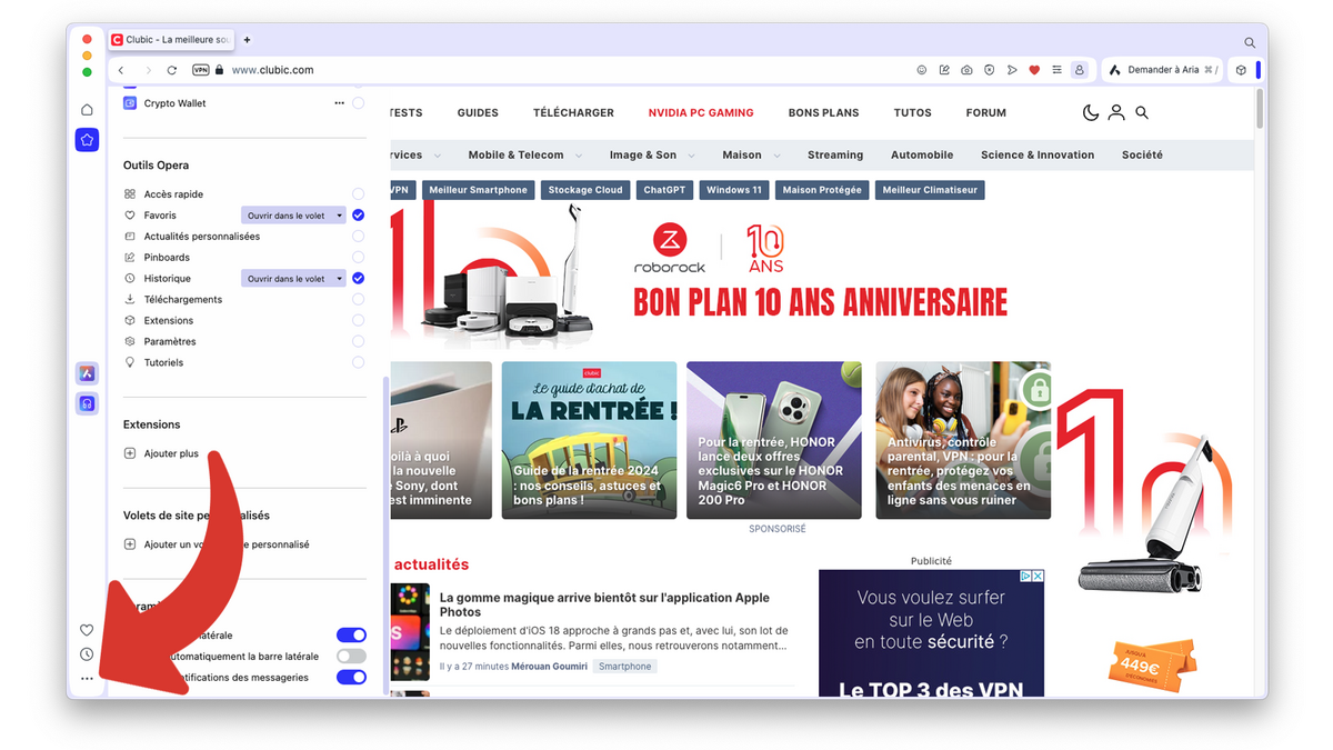 Accéder aux options de la barre latérale © Clubic