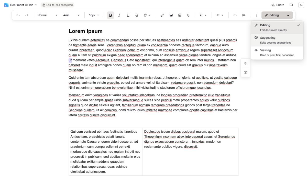 L'interface de Proton Docs, basé sur Standard Notes