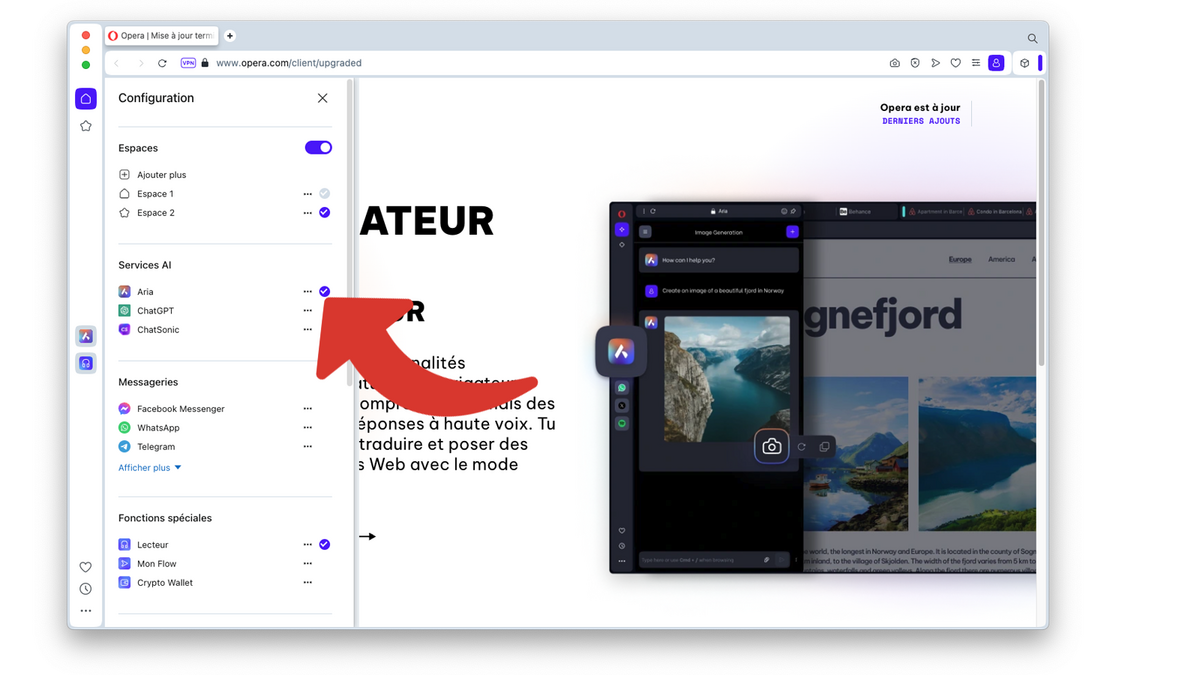 Ajouter l'IA Aria à la barre latérale du navigateur Opera © Clubic