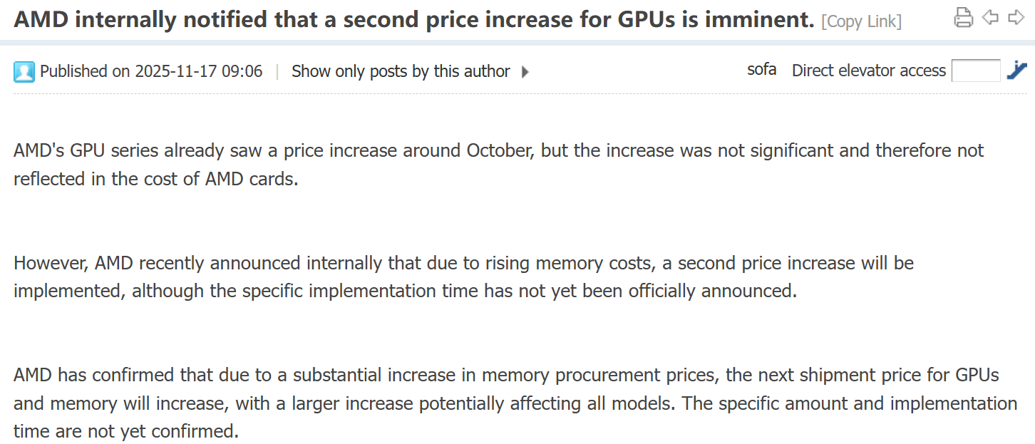 Sur Board Channels, une hausse de 10 % des prix AMD est évoquée. ©VideoCardz