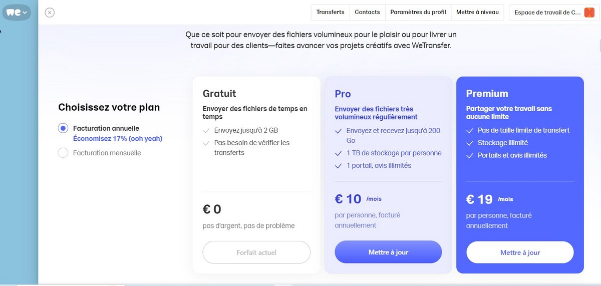 Les différents tarifs proposés par WeTransfer