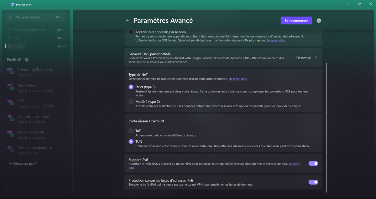 Proton VPN - Les options de prise en charge IPv6. © Clubic