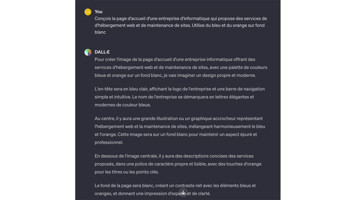 Descriptif du design d’une page d’accueil générée avec DALL·E 3 © Pascale Duc pour Clubic