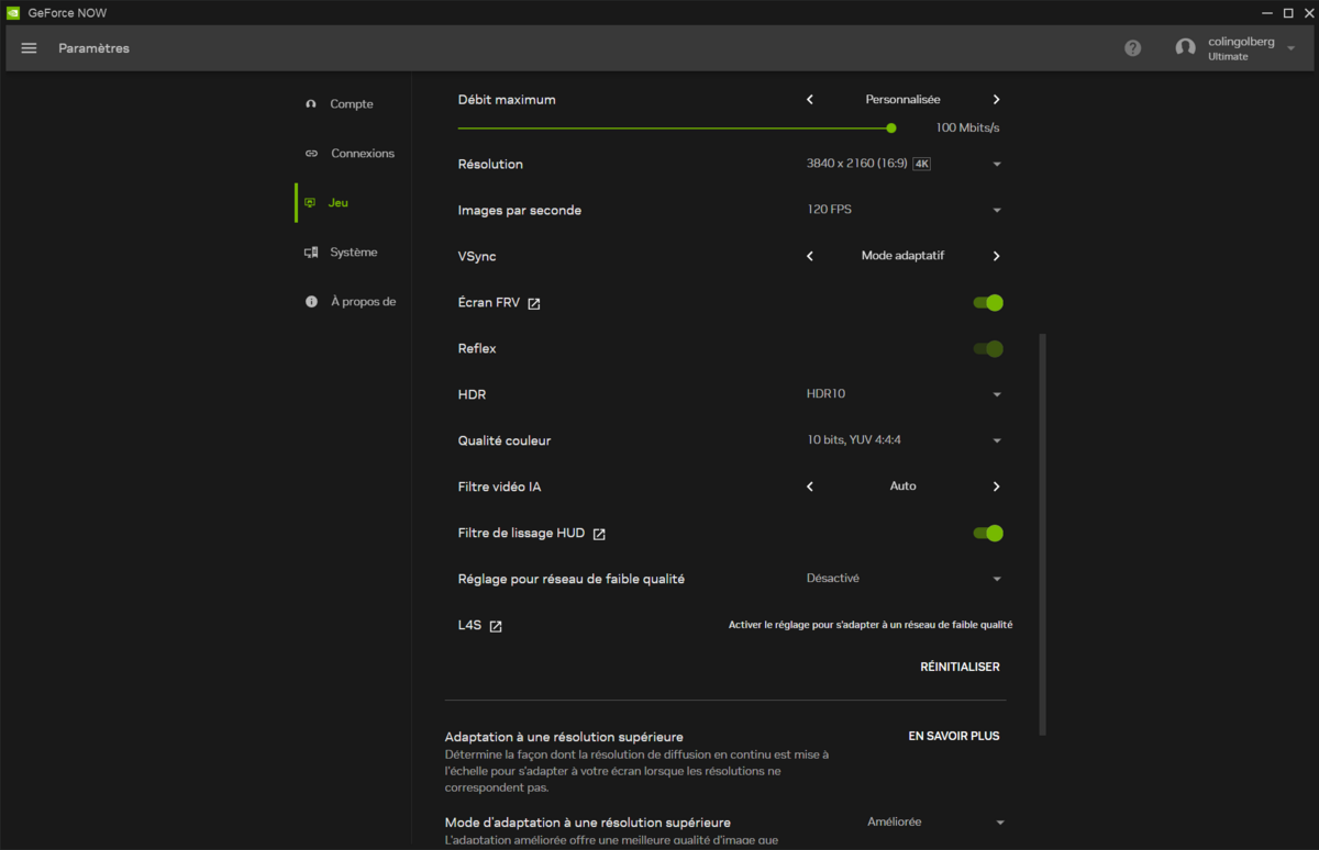 Le panneau de config du client PC, avec tous les paramètres au maximum. © Colin Golberg