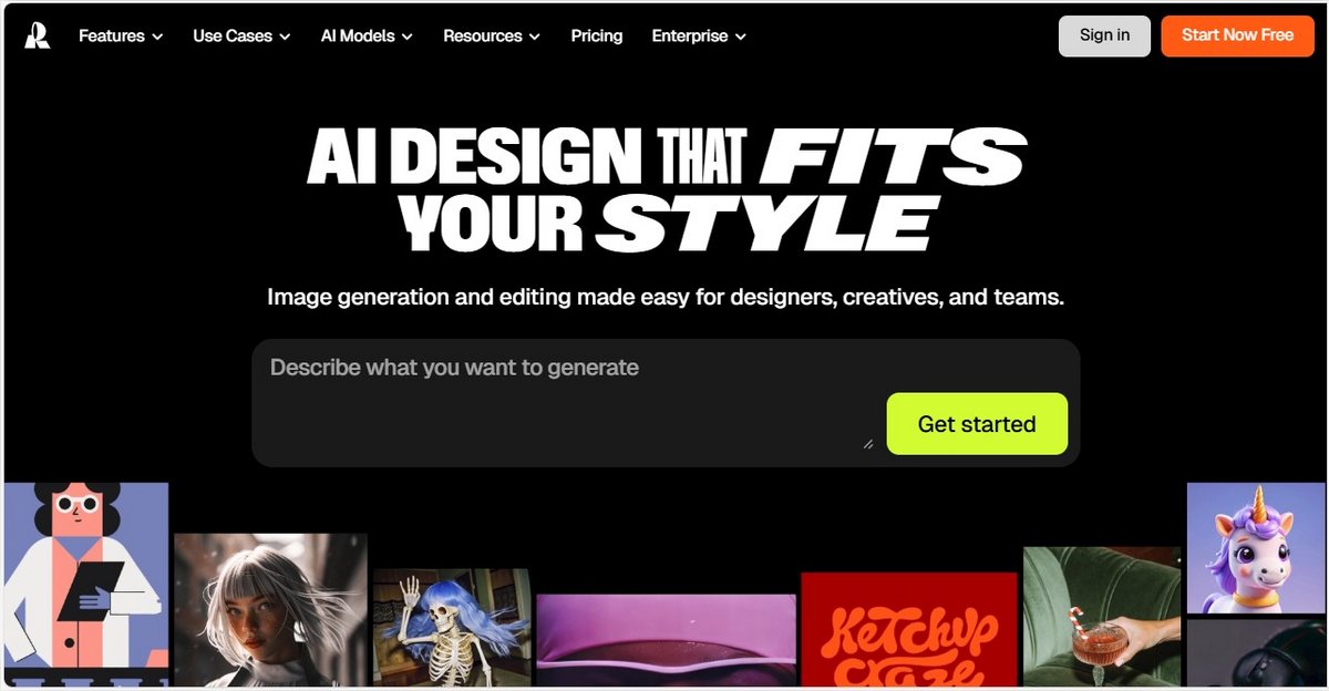 Page d’accueil du générateur d’images, illustrant le flux créatif entre la saisie du texte et la génération instantanée d’un visuel par l’IA. - © Recraft