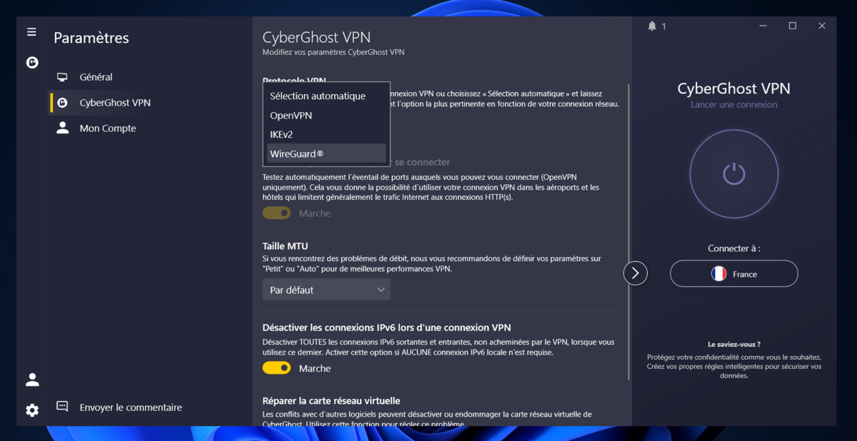 CyberGhost - Les protocoles VPN disponibles. © Clubic