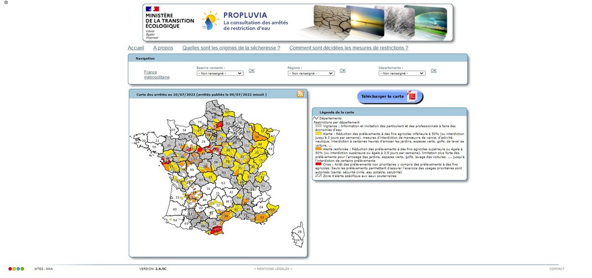 Carte Propluvia des restrictions d'eau © Capture d'écran Clubic