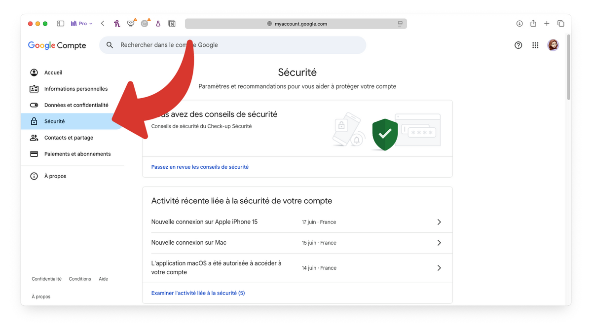 Ouvrir le menu Sécurité du compte Google © Clubic