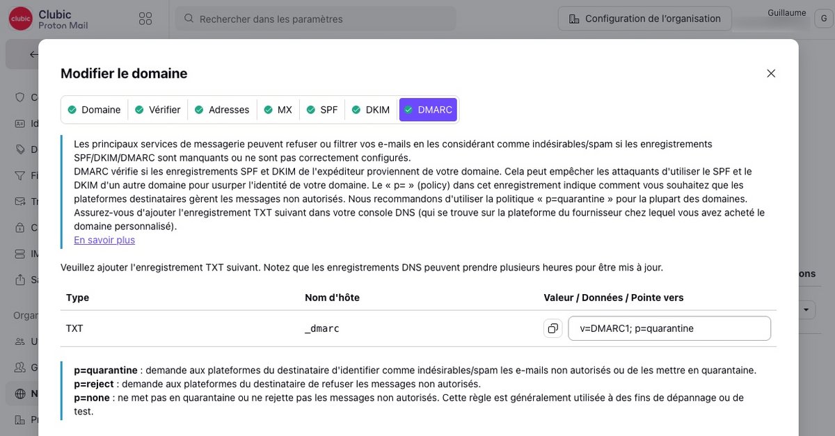 Exemple de paramétrage du DMARC sur Proton