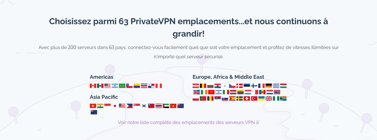 Principales localisations des serveurs PrivateVPN © PrivateVPN Global AB.