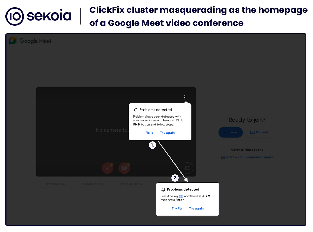 Exemple d'une fausse page Google Meet utilisée dans la campagne actuelle de ClickFix © Sekoia