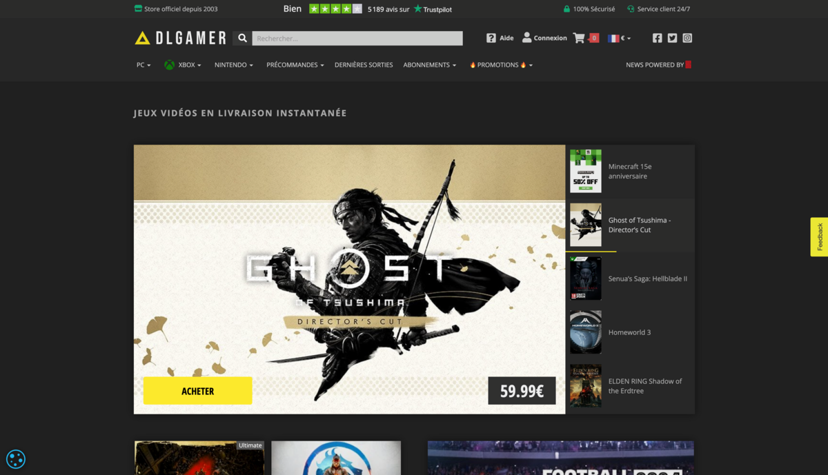  Interface d'accueil présentant les jeux en livraison instantanée et les offres de précommande.