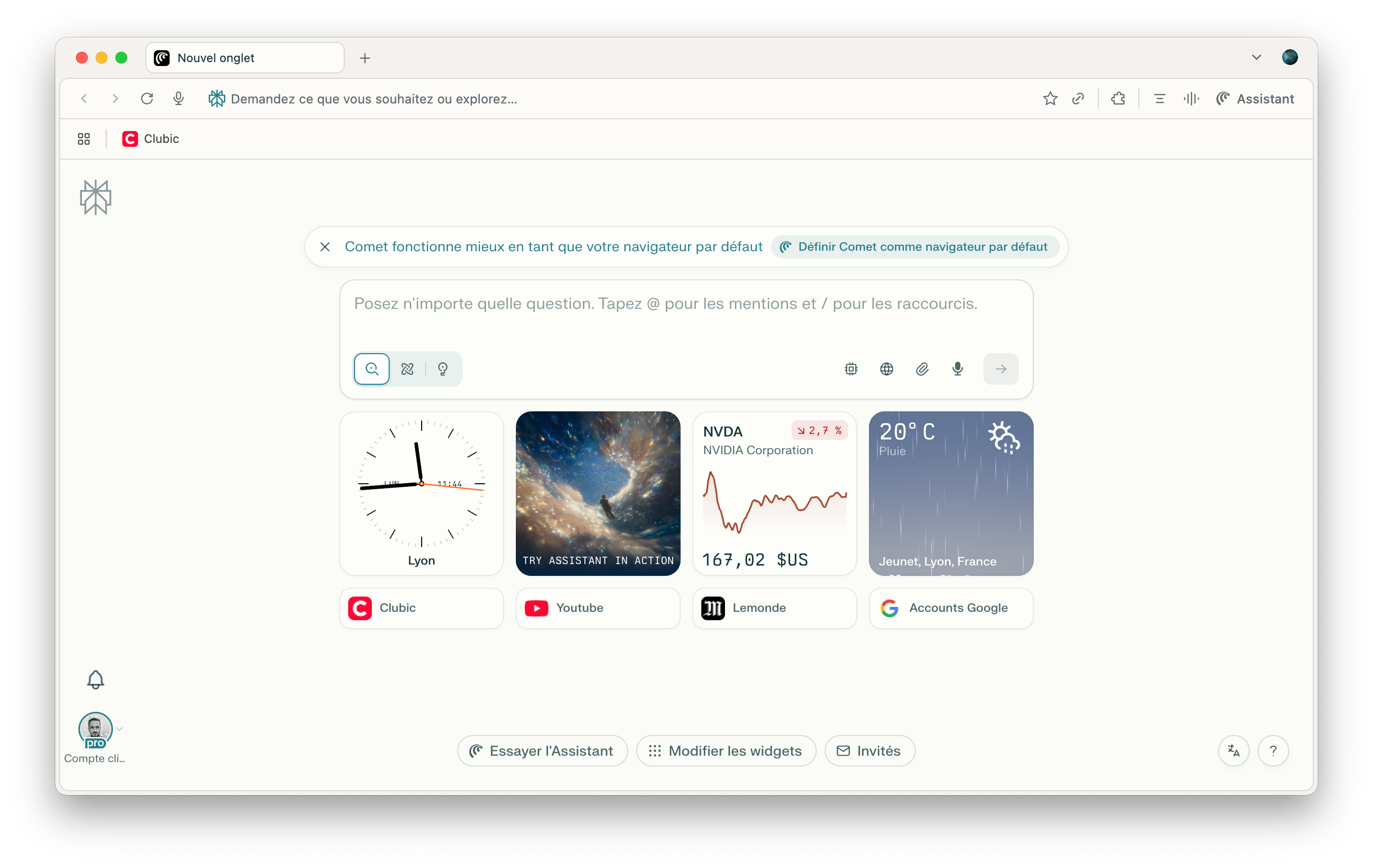 L'écran d'accueil de Comet