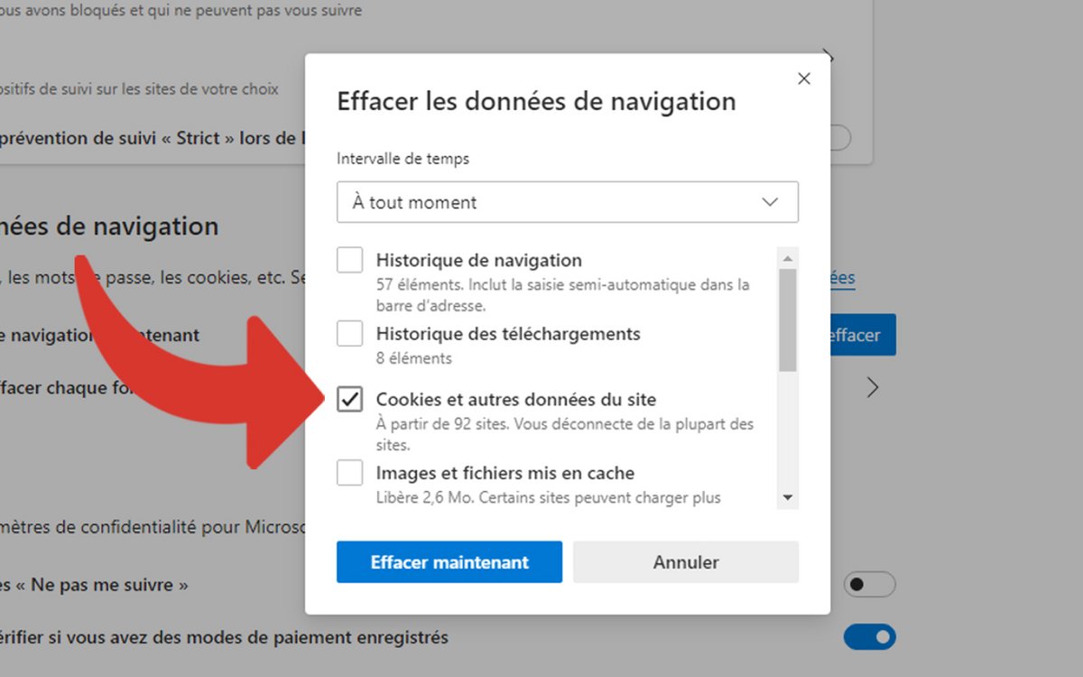 Supprimer cookies Edge