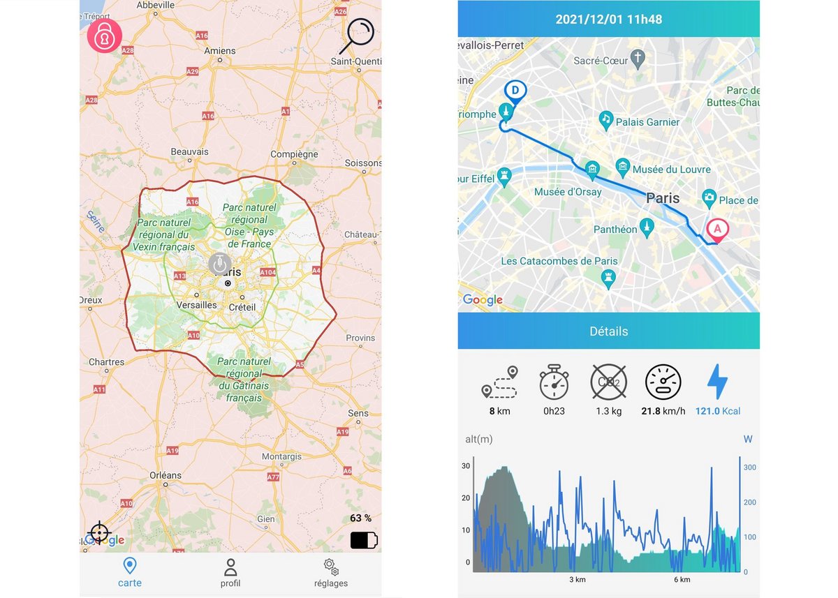 L'application calcule le rayon d'action selon la charge, et montre les données de chaque trajet