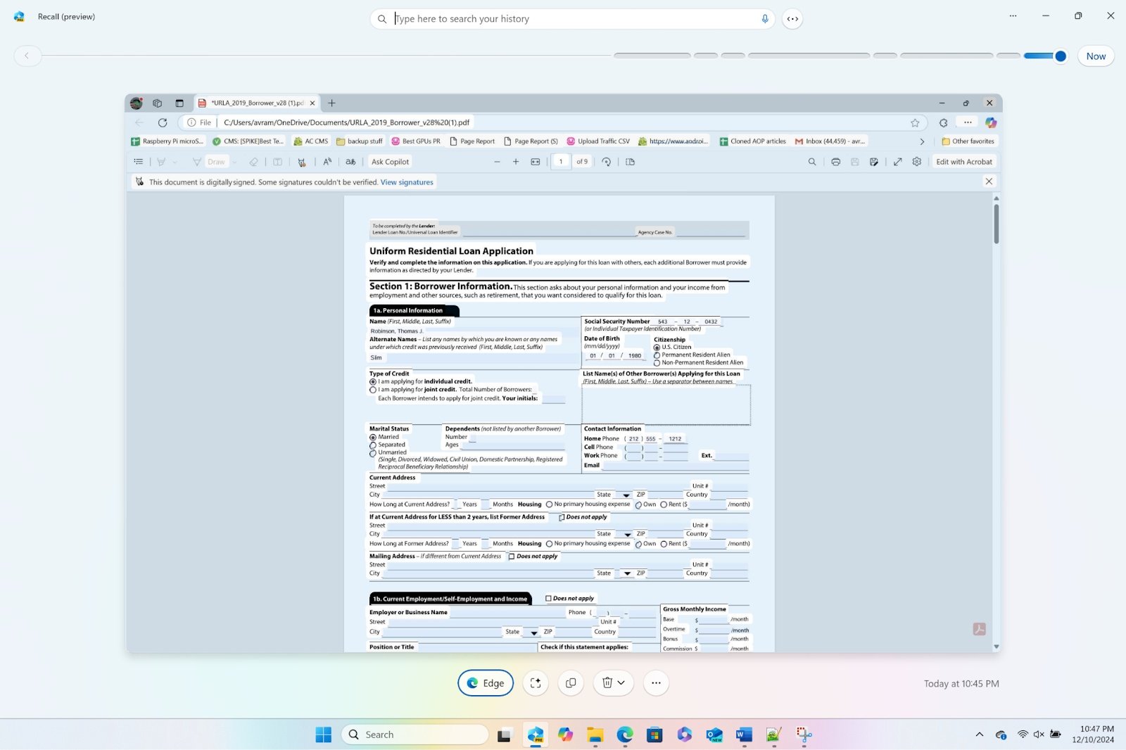 Malgré les indicateurs de donnés sensibles explicites, Recall a capturé un numéro de sécurité sociale dans un formulaire PDF édité avec Edge © Tom's Hardware