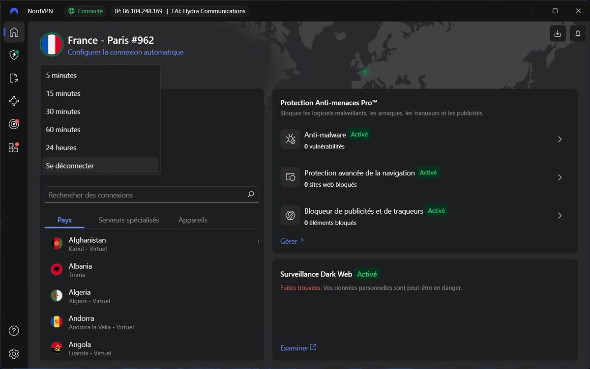 NordVPN - Pour se déconnecter, il faut cliquer sur Pause et choisir la bonne entrée. Pas pratique. © Clubic