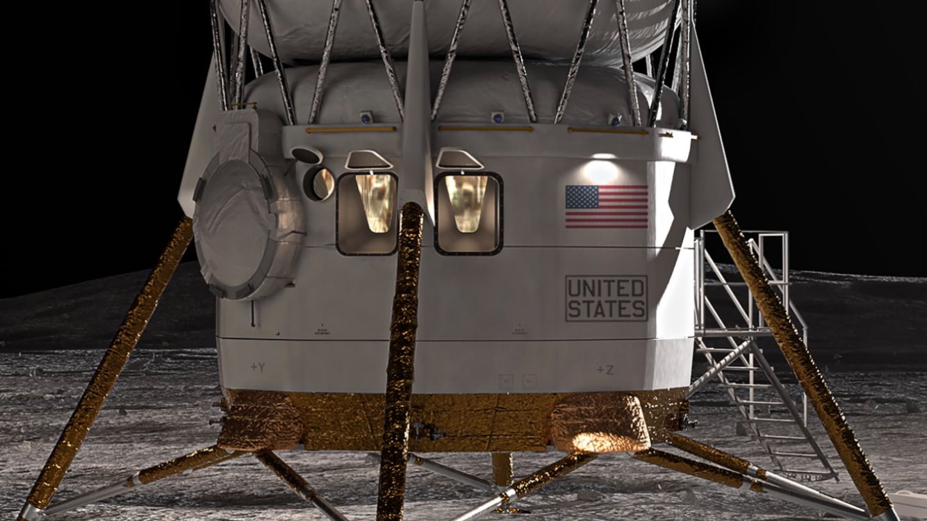 Zoom sur l'étonnant compartiment pressurisé de Blue Moon, avec un port d'amarrage à gauche et les moteurs sur le dessous. Crédits Blue Origin