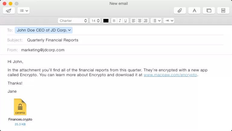 Exemple d’email contenant un fichier chiffré avec Encrypto, prêt à être envoyé de manière sécurisée. - © Encrypto