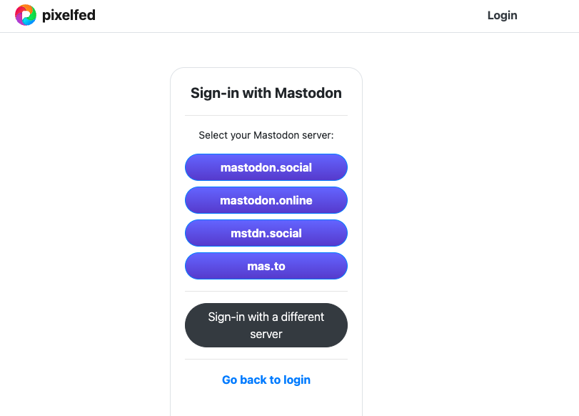 Connexion à PixelFed avec son compte Mastodon © Fediverse.party