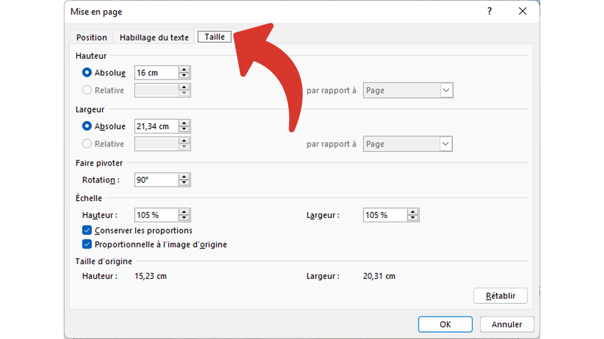 Aller dans l'onglet Taille © Clubic
